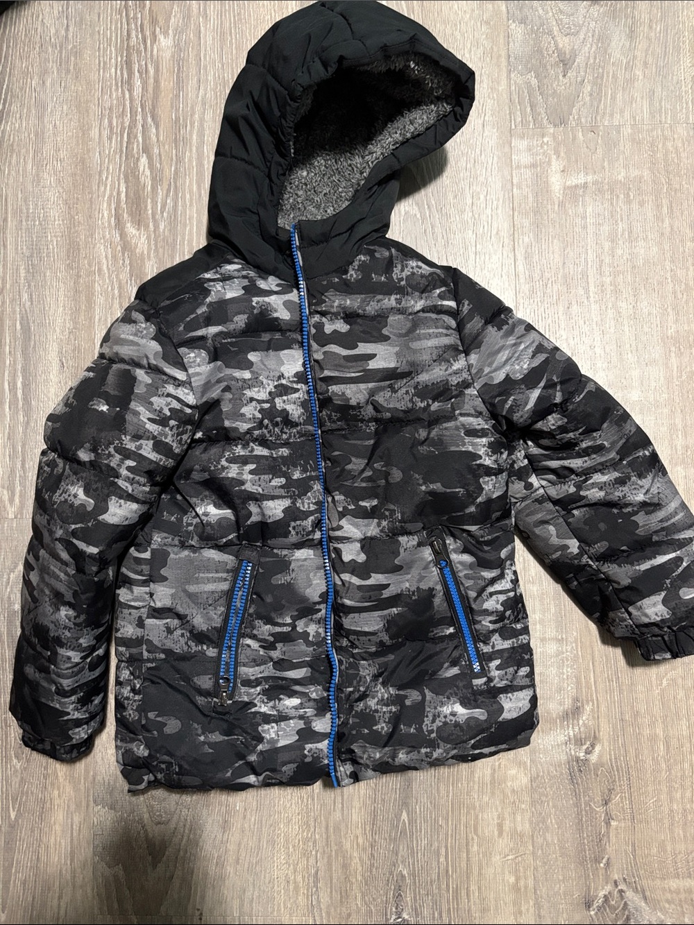 Kids Black & Gray Camo Puffer Jacket with Hood